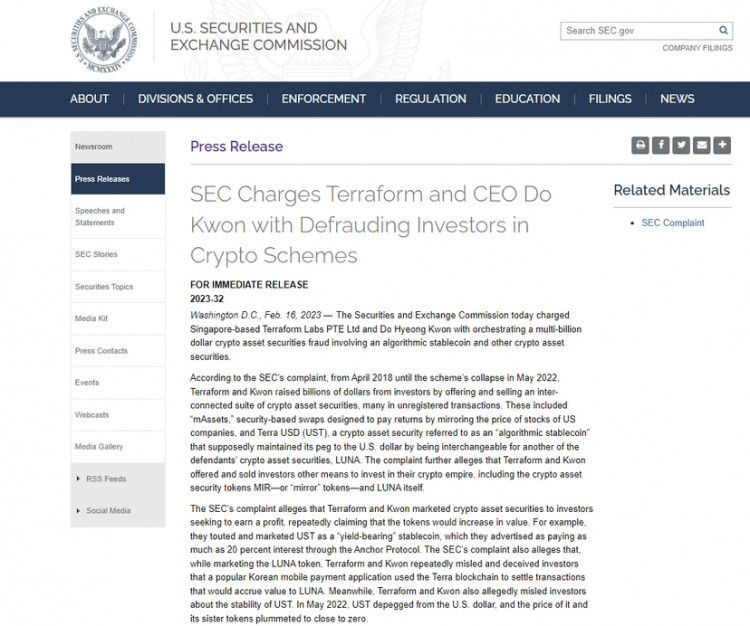 重要事件关注 ! SEC指控Terraform及Do Kwon的欺诈案件, 重要程度或将影响到Terra系代币的未来